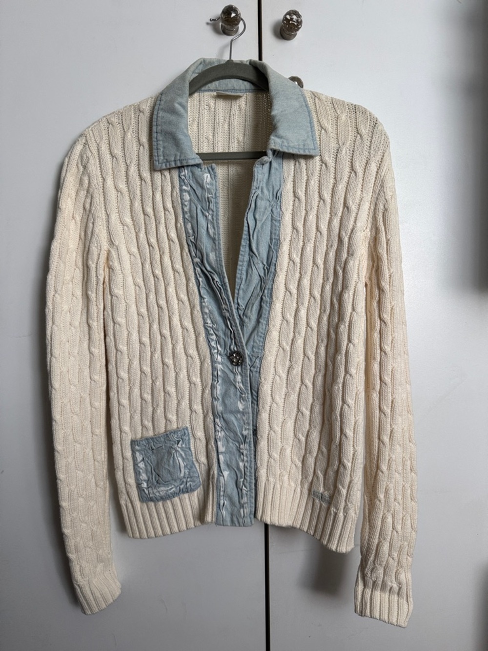 Blue Willi’s Cream Cable Knit Cardigan with Light Blue Jean Trim